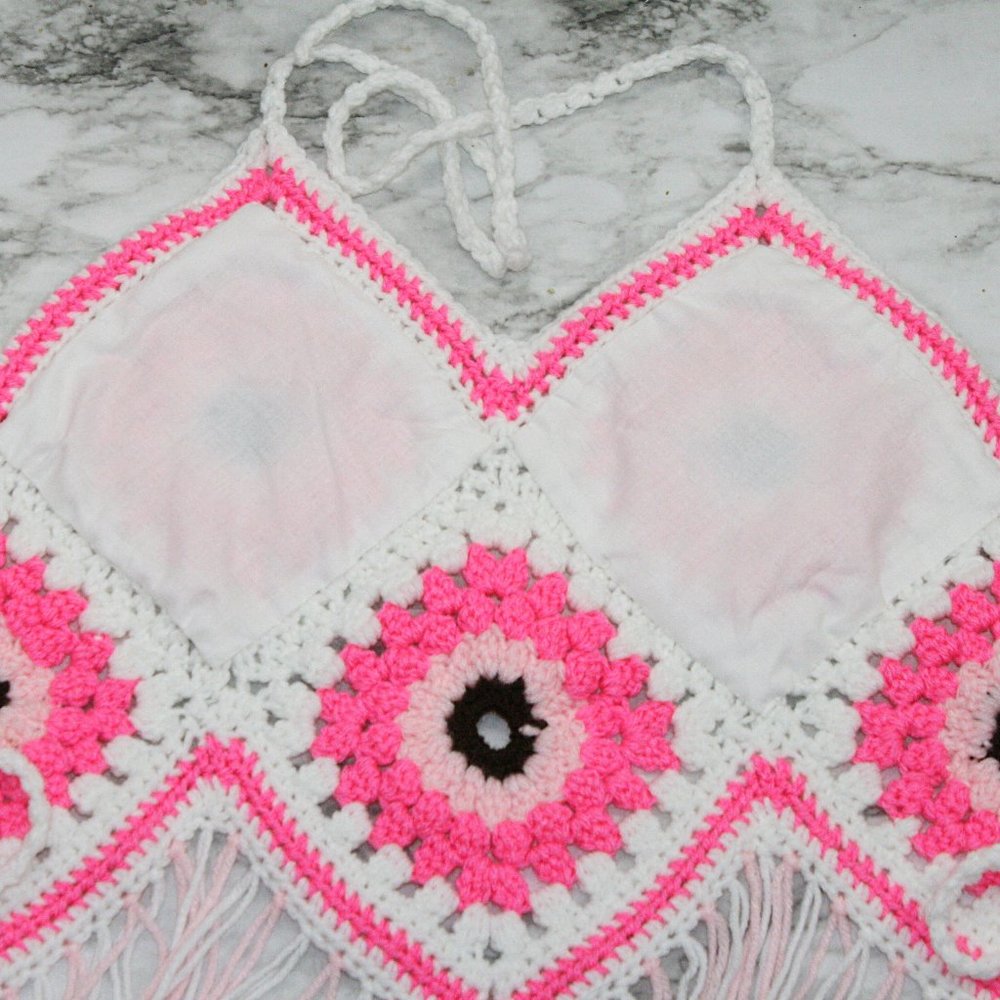 HAND CRAFTED Crop Top Sunflower Crochet Fringe Granny Square Pink Various - Picture 7 of 16